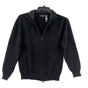 Claiborne Full Zip Cardigan M Black Diamond Cable Knit Mock Neck Quiet Luxury